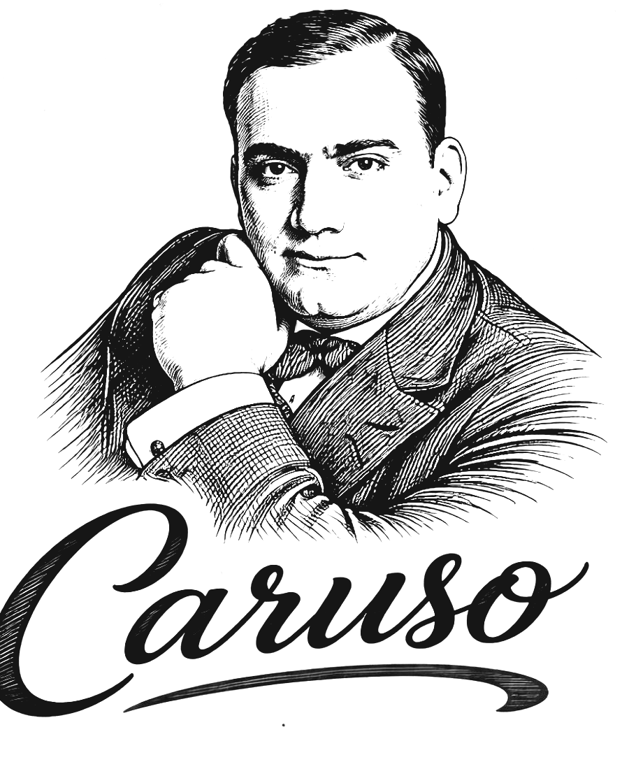 Grabado de Enrico Caruso con la mano en el mentón y la firma «Caruso», el mismo de nuestra carta.
